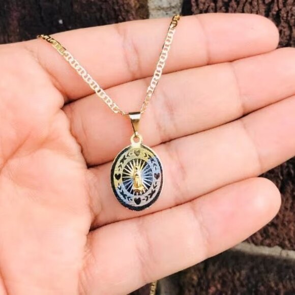 Tri Color Our Lady of Guadalupe Necklace 18" 14K GF Pendant 20x14mm For Womens - Picture 11 of 11